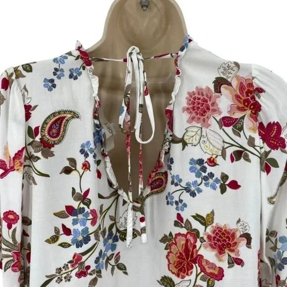 LOFT Floral Print‎ Ruffle Neck Tie Blouse Long Sleeve Women's Size L NWT